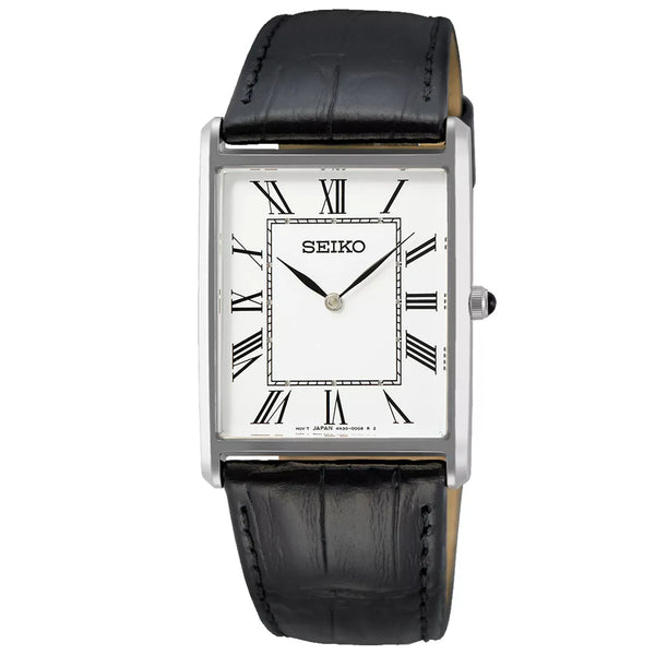 Seiko Essentials SWR049P1 (Seiko Tank) White Dial 28.4mm Leather Strap Men's Watch